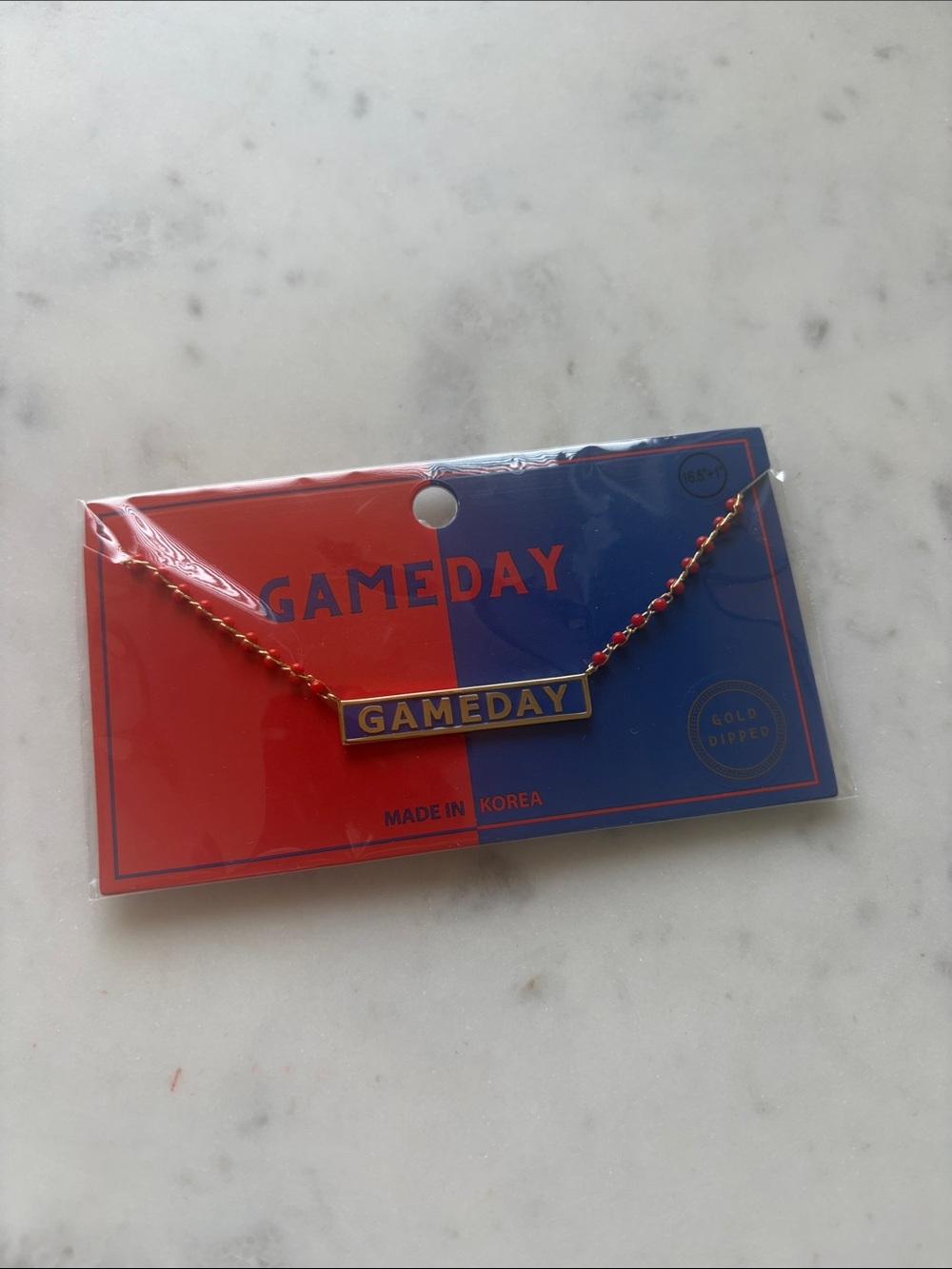Gold-Dipped GAMEDAY Bar Necklace — Red & Blue